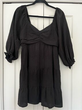 Black Puff-Sleeve Tiered Smock Flowy Dress 100% Linen M